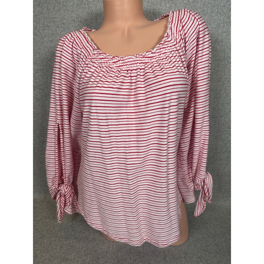 Lauren Ralph Lauren Large Womens Top Striped Red White Stretch Collar Tie Sleeve